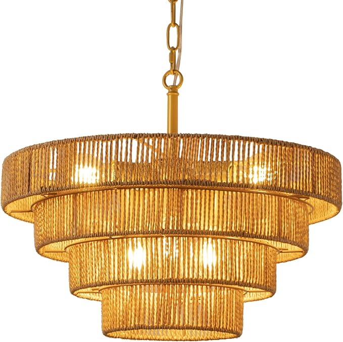 6 Lights Boho Rattan Pendant Light 19.7” Large Farmhouse Chandelier with 3-Tier Wicker Shade Bohemian Gold Ceiling Hanging Light for Dining Room Living Room Kitchen