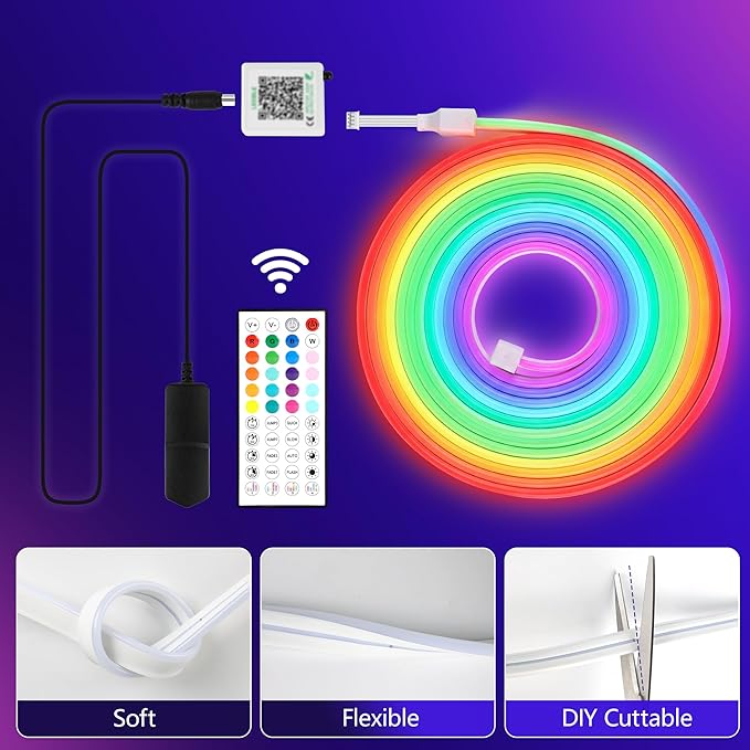 Neon Rope Lights - 66Ft Flexible LED Rope Lights,24V RGB Rope Lights Control with App/Remote Multiple Modes,DIY Design, IP65 Waterproof Strip Lights for Bedroom Room Outdoors Decor(33FT*2)