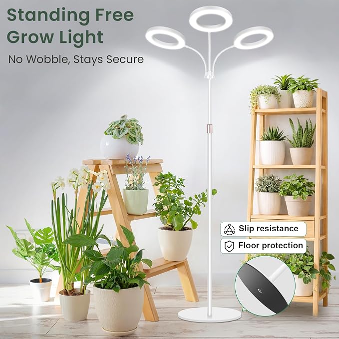 LBW 3-Head Grow Light with Stand for Indoor Plants, Full Spectrum Grow Light for Tall Large Plants, Adjustable Height up to 68", Auto Cycle Timer 6/8/12/16H, 5-Level Dimming, 3 Lighting Modes,White