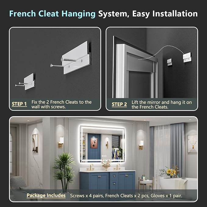 60x28 LED Bathroom Mirror, Backlit & Front Lit Lighted Mirror | Anti-Fog Vanity Mirror with Lights, 3 Color Dimmable, Memory, Shatterproof, Tempered Glass, CRI95, UL Listed, Wall Mounted