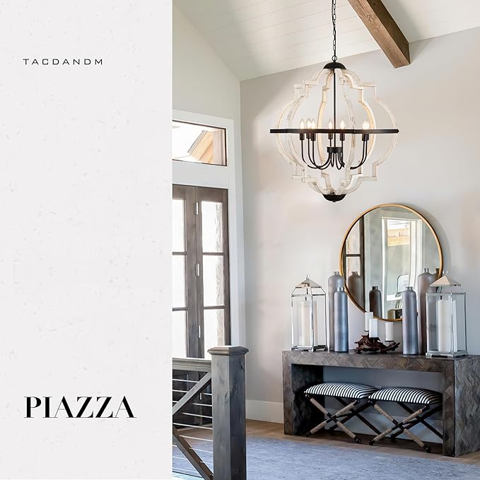 31.5'' 8-Light Farmhouse Chandelier for Dining Room Vintage Rustic White Wood Pendant Light Fixtures Globe Hanging Ceiling Lighting for Hallway Entry
