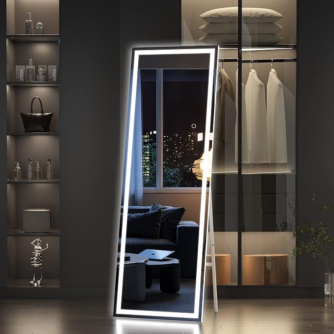 Hasipu Full Length Mirror with Lights, 65" x 21.7" LED Floor, Full Body Dressing Standing, Hanging Mounted Mirror, Square White