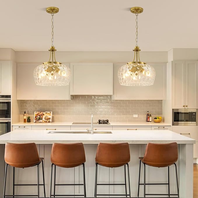 Modern Pendant Lights Kitchen Island, 3-Light Gold Pendant Light Fixtures with 14.2" Clear Hammered Glass Shade, Industrial Hanging Pendant Lights Fixture for Kitchen Island, Dining Room, Entryway