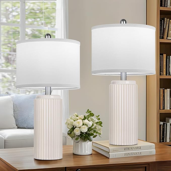 23.5" Cream Ceramic Table Lamps Set of 2, Modern Nightstand Lamps | Bedside Table Lamps with White Linen Shade, Ideal Size, Farmhouse Home Decor for Living Room Bedroom Office End Table Dorm