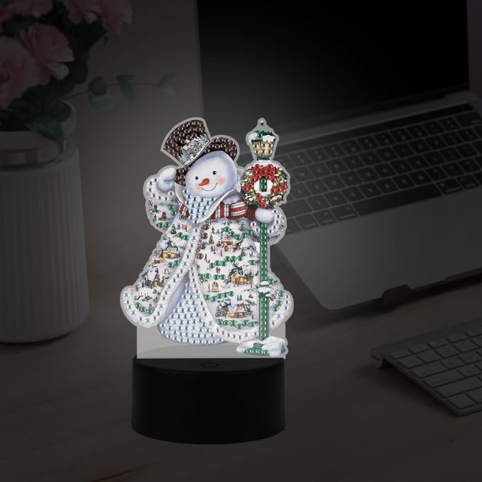 JISHSHAY Christmas Diamond Painting Night Light Diamond Art Table Lamps Gem Art LED Lights Gem Painting Desk Lamp Mosaic Kits for Adults DIY Kits for Adults Paint by Numbers Special Shaped Snowman