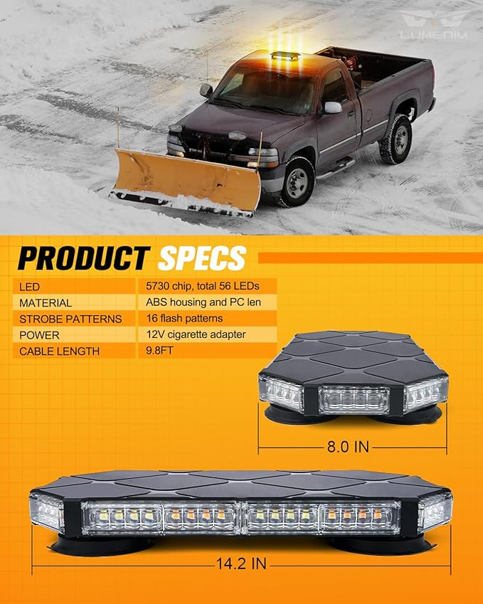 LUMENIX 56 LED Roof Top Strobe Beacon Lights Bar Rooftop Hazard Warning Emergency Safety Flashing Plow Light for Construction Vehicles Tow Commercial Trucks Postal Security Cars Snowplow - Amber White