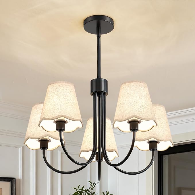 RUIYEY Modern Dining Room Chandelier - 20" 5-Light Black Chandeliers Light Fixture with Fabric Shades, Height Adjustable Mid-Century Pendant Lighting Over Table for Bedroom Living Room Kitchen Island