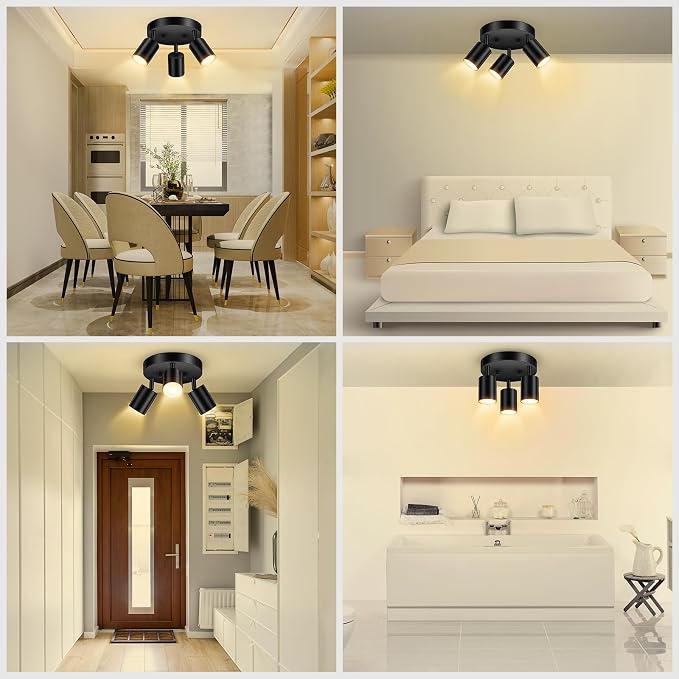 AUQUEE LED 3 Light Track Lighting Kit, LED Track Lighting Fixtures, Black Round Ceiling Spot Lighting, Flexibly Rotatable Light Head for Kitchen, Living Room, Bedroom, GU10 Bulb Not Included
