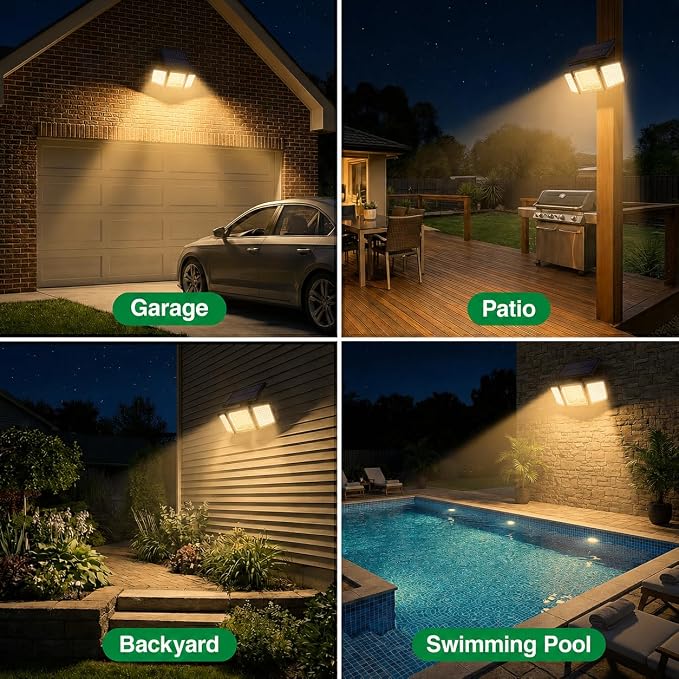 Solar Outdoor Lights Motion Sensor, 2500LM 286 LED Security Flood Lights with Visual Battery & Mode Display, 3 Lighting Modes, IP65 Waterproof 3-Head Wide Angle for Garage, Yard, Patio (6P Warm White)