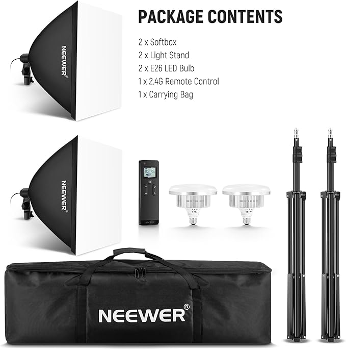 NEEWER 2Pcs 24"x24" 900W Equivalent Softbox Lighting Kit with Tripod Stands, 45W Bi Color 2.4G LED Bulbs, Remote, 10 Channels 2900K-7000K 1400lx/m CRI95, Photography Continuous Lighting Kit, NK103