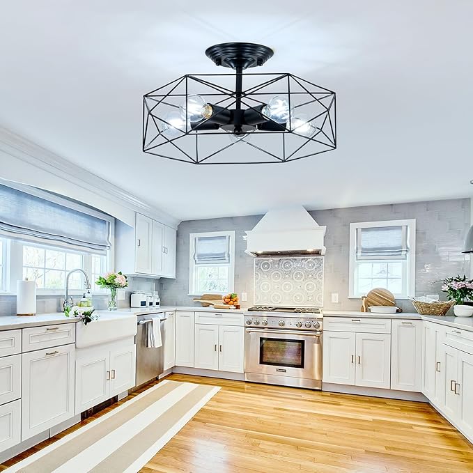 5-Light Farmhouse Semi Flush Mount Ceiling Light Fixture, Modern Black Ceiling Light, Industrial Close to Ceiling Light with Metal Hexagon Cage Ceiling Lamp for Kitchen, Hallway, Bathroom,closet