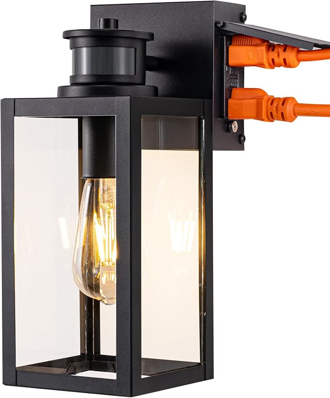 EDISHINE Porch Lights with GFCI Outlet, Motion Sensor & 3 Modes Modern Outdoor Wall Lights, 12" H Dusk to Dawn Exterior Light Fixture Waterproof Wall Lantern for Front Door, Garage, Black