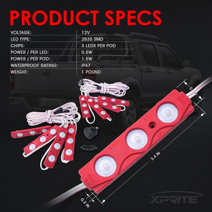 Xprite Red LED Truck Bed Light Kits Rock Lights with On/Off Switch, for Pickup Footwells, Running Boards, Cargo, Under Car, Tonneau Cover, Rail Lighting