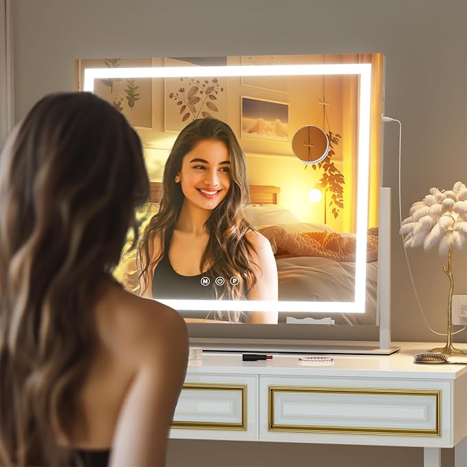 Hasipu Vanity Mirror with Lights, 25.6" x 21.3" LED Makeup Mirror, Light up Mirror with 10X Magnification and Phone Holder, USB Charging Port, Smart Touch 3 Colors Dimmable, 360ยฐ Rotation (White)