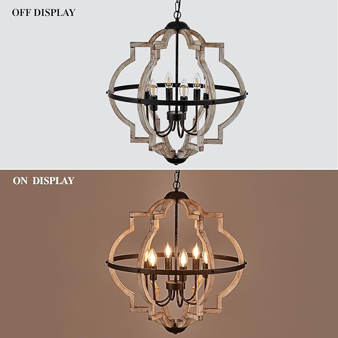Farmhouse Chandelier for Dining Room Vintage Rustic Oak Distressed White 23'' 6-Light Wood Pendant Lighting Globe Hanging Ceiling Light Fixtures for Entryway Foyer Kitchen Living Room