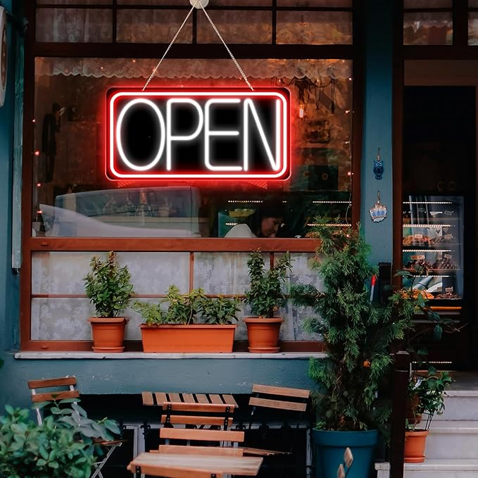 22" X 11" Led Neon Open Signs for Business, Large Open Signs, Plug In Electric Light Up with ON/OFF Switch, Ultra Bright Open Sign for Bar Salon Coffee Stores Club Hotel (Black Backplate)