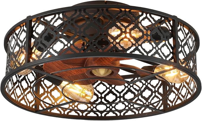 20" Caged Ceiling Fans with Lights Flush Mount Ceiling Fan with Remote,Small Black Low Profile Bladeless Ceiling Fan Light Fixture for Bedroom, Kitchen, Dining Room 4 bulbs Included,6 Speeds