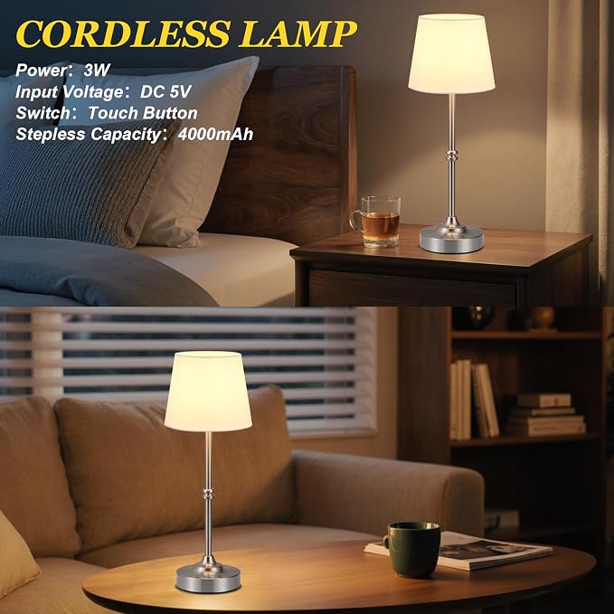 Kakanuo Rechargeable Cordless Table Lamp Silver - 2 Pack 4000mAh Battery Operated Lamp, 3000K Warm Light, Touch Control Stepless Dimming, for Bedside, Dining Table, Home Decor