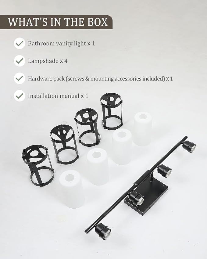 4-Light Black Bathroom Light Fixtures with Milk White Frosted Glass, 29" UL-Listed Modern Wall Sconce Over Mirror with Metal Cage for Bath, Hardwire E26, OS-3014BKW-4W