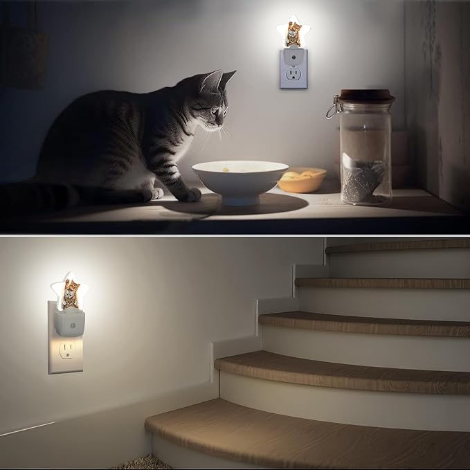 Cute Cat Night Light Plug-in Dusk to Dawn Smart Sensor White Led Nightlight for Bedroom Bathroom Kitchen Hallway Stairs Energy Efficient Decor Desk Lamp