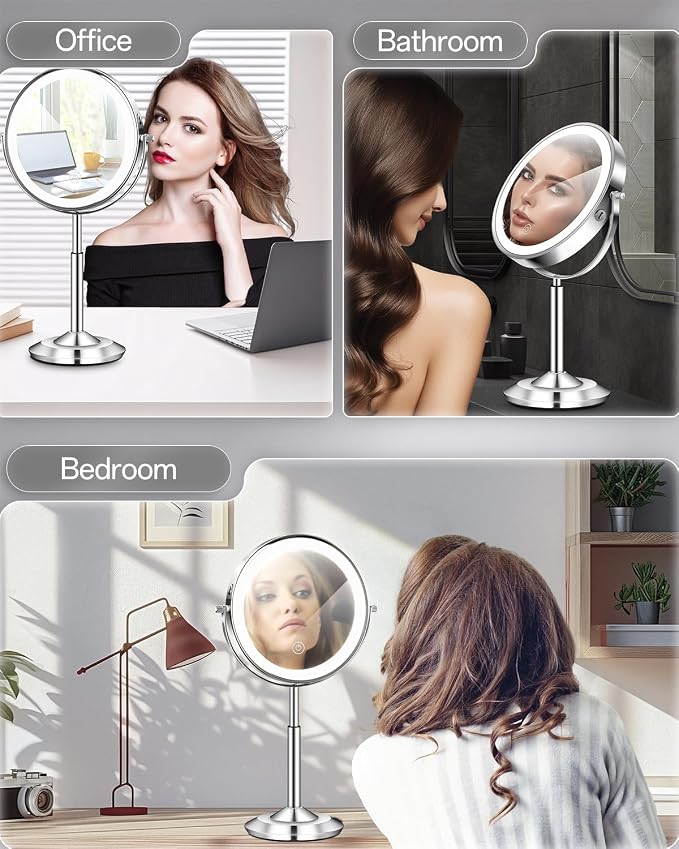 1X/30X 8" Magnifying Makeup Mirror with Lights Height Adjustable for Desk | 3000mAh Rechargeable Lighted Magnifying Mirror Double Sided Vanity Mirrors with 3 LED Lighting Touch Dimmable for Women Gift