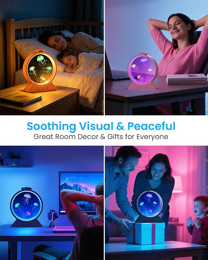 Jellyfish Lamp for Sleep Anxiety Calming Light for Bedroom(Cosmic Orange) | Whisper-Quiet Sensory | 7 Soft Color Modes | Adjustable Water Flow | 8H Auto-Off Timer | Rounded Tank Lamp Gift for All Ages