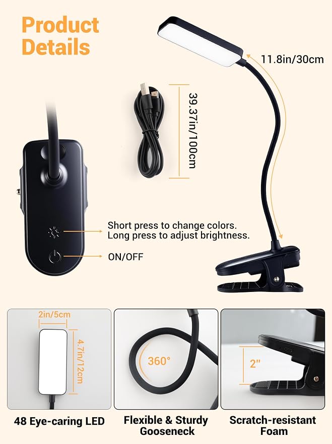 Clip on Light,45 Modes Dimmable+450 Lumen 48 LED Desk Lamp with Clamp Light | 4000mAh Battery Powered Rechargeable Table Lamp,Cordless & Wireless Desk Light,Reading Light for Bed/Headboard/Dorm/Office