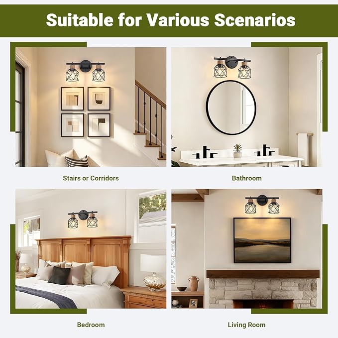 2-Light Farmhouse Bathroom Light Fixtures, Rustic Black Bathroom Lighting Over Mirror with Metal Shade, Modern Coastal Vanity Lights for Mirror Living Room Cabinet Bedroom
