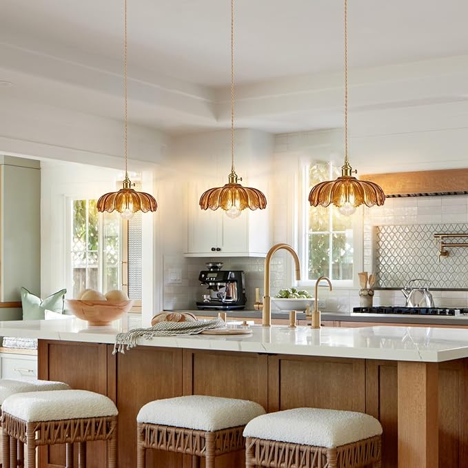 Plug in Pendant Light, Hanging Lights with Plug in Cord, Hanging Light Fixture with Amber Color Glass, E26 Pendant Lighting for Kitchen Island, Bedroom, Dining Room-Browm