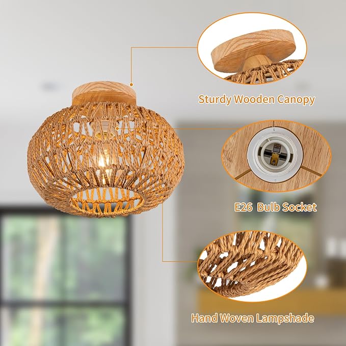Boho Rattan Ceiling Light - Flush Mount Mini Chandelier Woven Ceiling Light Fixture for Bedroom, Hallway, Entryway, Bathroom, Nursery