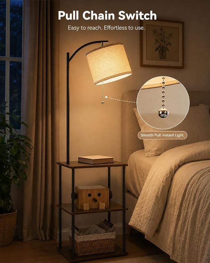 GERGO Floor Lamp with Table, Side Table for Living Room, 3 CCT 9W LED Bulb | Adjustable Linen Shade & Pull Chain, Modern Coffee End Table, Night Stand with Storage Shelves for Bedroom, Office Home Décor