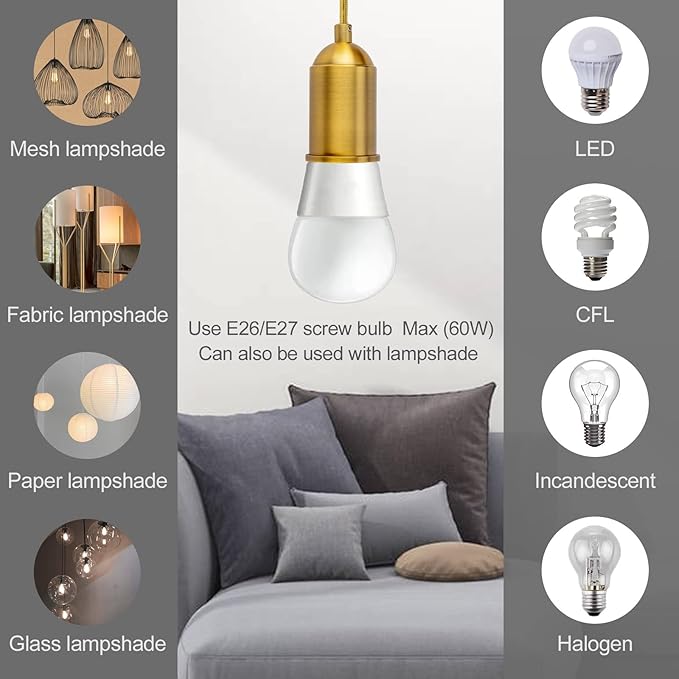 Hanging Lights with Plug in Pendant Light Cord kit Fixture Bulb Socket Golden Extension Lantern Fabric lamp Cord Switch Replacement Shade Industrial Porcelain Bulb Holder DIY Lighting 15ft 2 Set