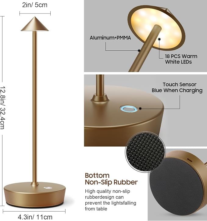 Cordless Rechargeable Led Table Lamp Battery Operated Light Bronze | 6000mAh Touch Desk Lamp 3 Color Dimming Portable Metal Outdoor Waterproof Light for Patio/Restaurant/Dining/Home