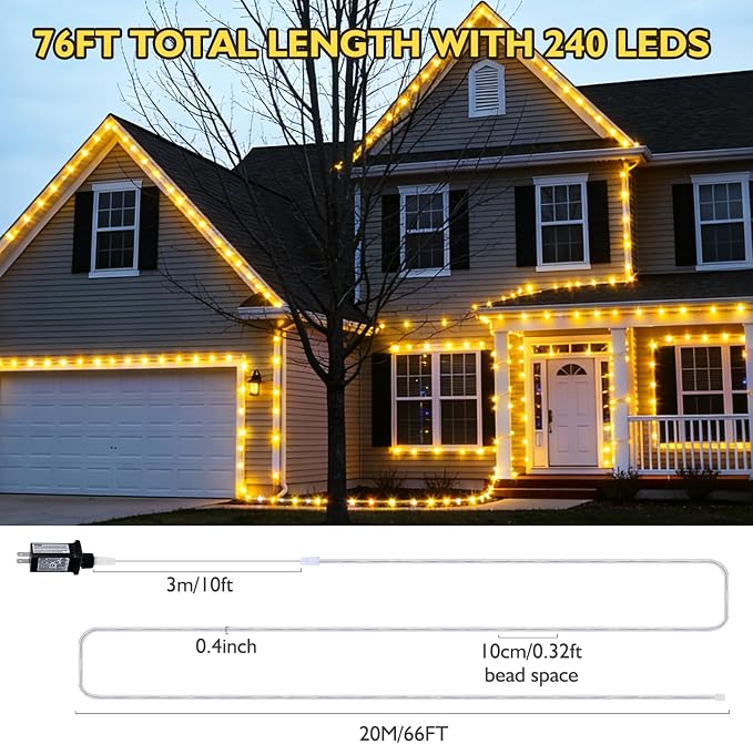 66ft 240 LED Rope Lights Outdoor, Connectable and Flexible Tube Lights with 8 Modes, Waterproof Indoor Outdoor LED Rope Lighting for Deck, Garden, Pool, Patio, Indoor Outdoor Decorations(Warm White)