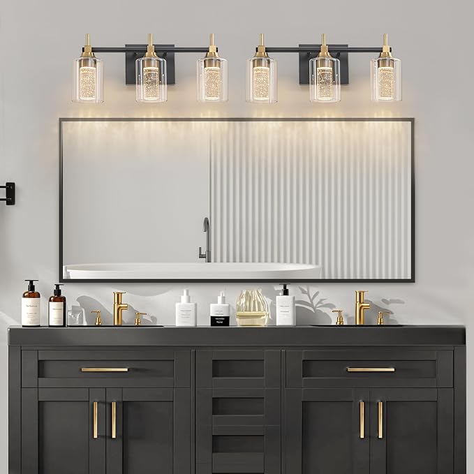 Vanity Light with 3 Color Modes (3000K/4000K/6000K), Eye Protection LED Bathroom Light Fixture, Dimmable Modern Wall Light Over Mirror with Clear Glass Shade (Black and Gold, 3-Light)