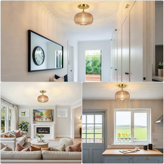 ROTTOGOON Semi Flush Mount Ceiling Light, Adjustable Hanging Gold Sloped Ceiling Lights with Amber Glass Shade Modern Hallway Light Fixtures for Kitchen Bathroom Entryway Bedroom (Bulb Not Included)