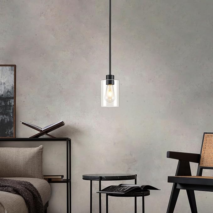 Modern Farmhouse Black Pendant Lights, Mini Hanging Light Fixture with Clear Glass Shade, Adjustable Rods for Kitchen Island, Sink, Bar (2 Pack)