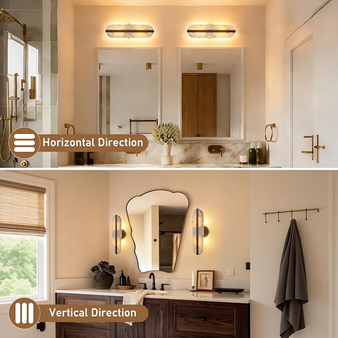 15.7in Natural Alabaster Wall Sconce Oval Marble Sconce Lighting | Black Bathroom Vanity Light Modern Stone Wall Lamp Hardwired Wall Mount Light for Bedroom Living Room Hallway Restaurant