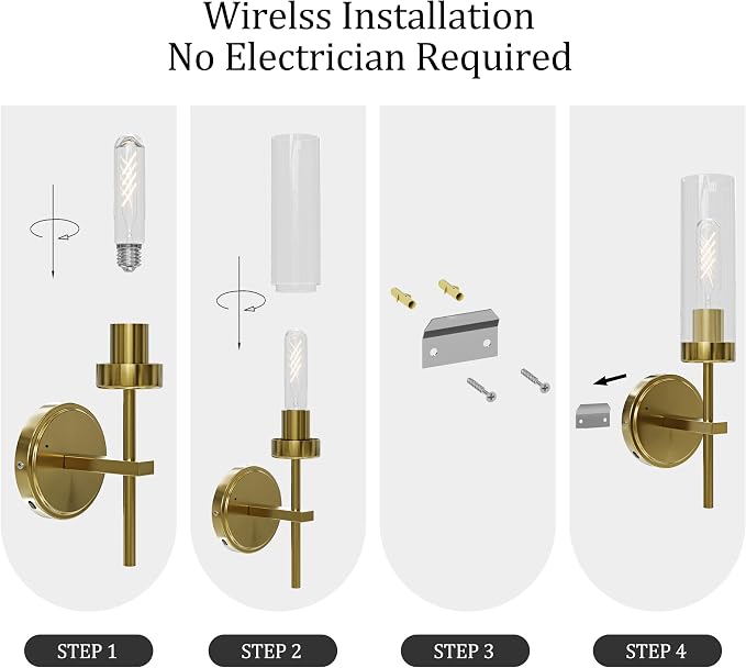 Gold Battery Operated Wall Sconce Set of 2, Wireless Wall Sconces with Remote Control, Rechargeable 3000K Dimmable Wall Light for Bedroom Living Room Bathroom Hallway Entryway Stairwell