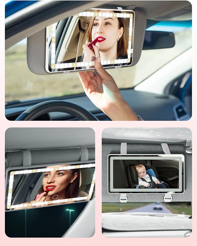 JOYTUTUS Car Sun Visor Vanity Mirror, Car Vanity Mirror with Lights, Makeup with 3 Light Modes & 60 LEDs, Rechargeable Dimmable Touch Control Travel Makeup for Sedan Truck SUV