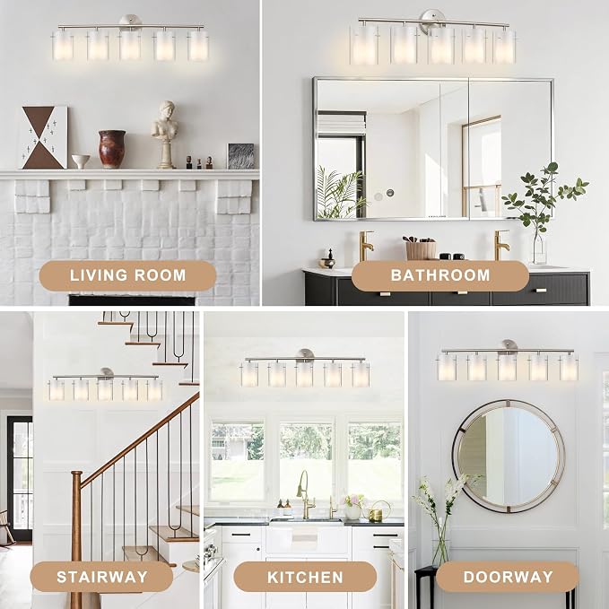 Brushed Nickel Bathroom Light Fixtures Over Mirror, 5-Light 33-Inch Vanity Lights with Dual Glass Shades, Eye-Friendly Modern Vanity Lights for Bathroom Bedroom Living Room Hallway