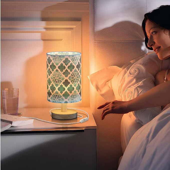 Fustylead Teal Green Moroccan Tile Table Lamp for Bedroom USB Port Lamps Small Accent Table Lamp Nightstand Lamp Sturdy Linen Shade Wooden Base Decorative Lamps for Bedside Reading|Kids|Dorm|Home
