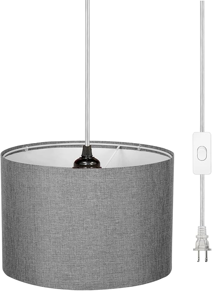 15FT Plug in Pendant Light, Hanging Lamp with Switch,Gray Hanging Lights with Plug in Cord, Pendant Lamp with Remote Control,Pendant Light Fixture for Living Room Bedroom Farmhouse
