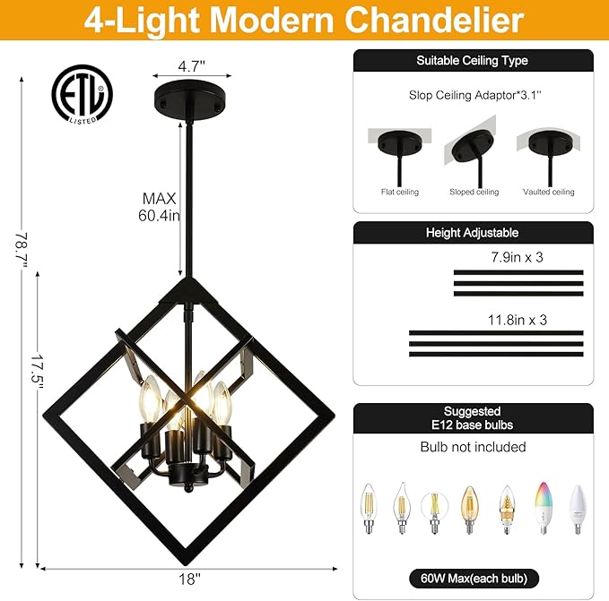 18" Modern Pendant Lights Kitchen Island, 4-Light Matte Black Farmhouse Pendant Light Fixtures, Industrial Hanging Pendant Lights Fixture for Kitchen Island Dining Room Bedroom Hallway Foyer Entryway