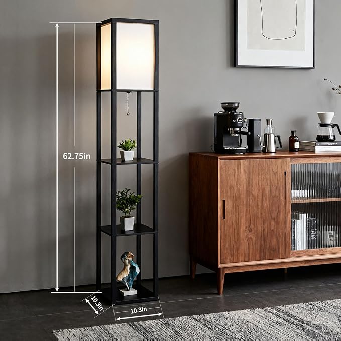 Floor Lamp with Shelves, Modern Square Shelf Lamp for Living Room, Corner Standing Lamp with Shelves for Bedroom, Office, Display Shelves with Light, Home Decor