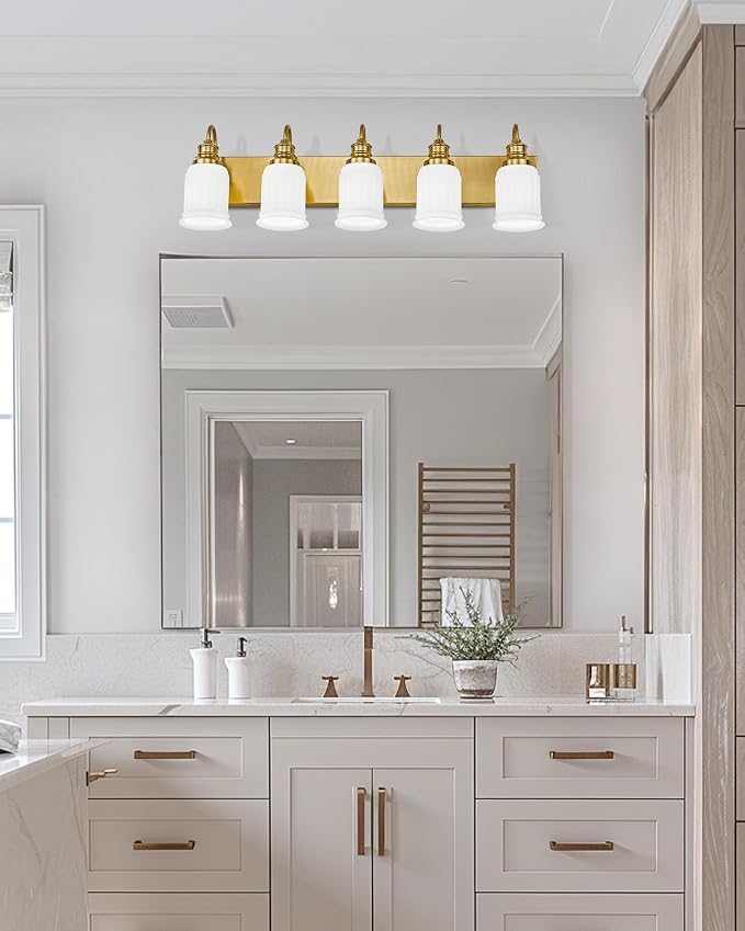 HWH INVESTMENT 5-Light Bathroom Vanity Light, Brushed Gold, 5HZG106B-5W BG | 33-Inch Hardwired Wall Light with Frosted Bell-Shaped Glass; 5 E26 Bulbs, Max 60W Each; Reversible Up or Down Mount