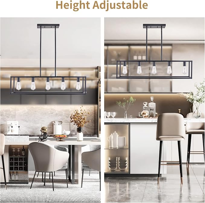 Kitchen Light Fixtures Dining Room Light Farmhouse Rectangle Chandeliers for Dining Rooms, Light Fixture Matte Black 5-Light Industrial Pendant Lighting