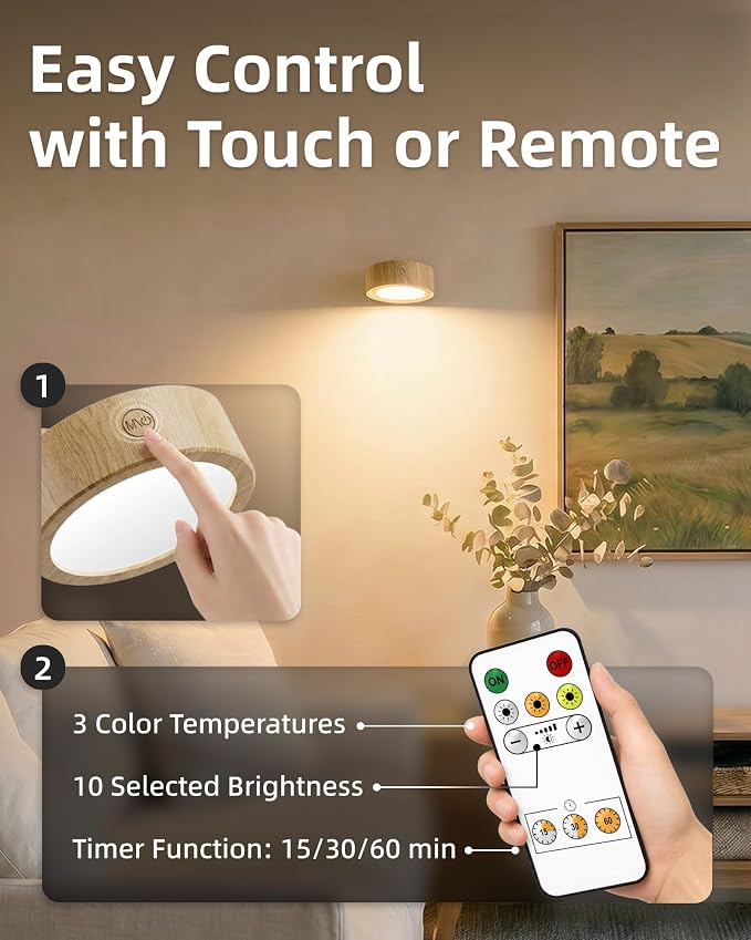 EZVALO LED Wall Mounted Light, 3000mAh Rechargeable Cordless Wall Sconce, Dimmable with Remote & Touch Control, 3 Color Temps, 360° Rotatable for Bedroom, Bedside, Reading(Wood, 2Pack)
