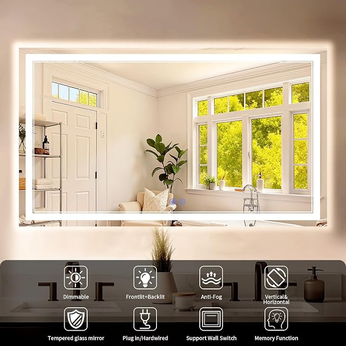 28"x60" LED Bathroom Mirror with Lights, Anti-Fog, Backlit + Front Lit, Dimmable, Led Vanity Mirror for Wall, Lighted Bathroom Mirror, 3 Colors, Shatter-Proof Tempered Glass
