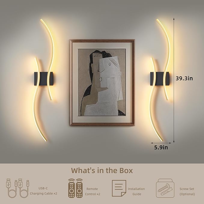 Battery Operated Wall Sconce Set of 2, Dimmable Modern LED Rechargeable Wall Light with Remote Control, Wall Decor for Living Room, Hallway, Quick Install, No Electrician Required